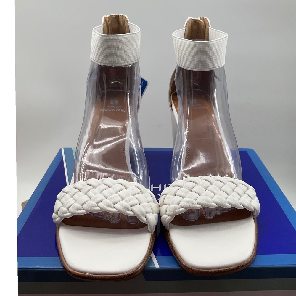 White Mountain Braided Block Heel Sandals White Square Toe Ankle Zip Women NEW